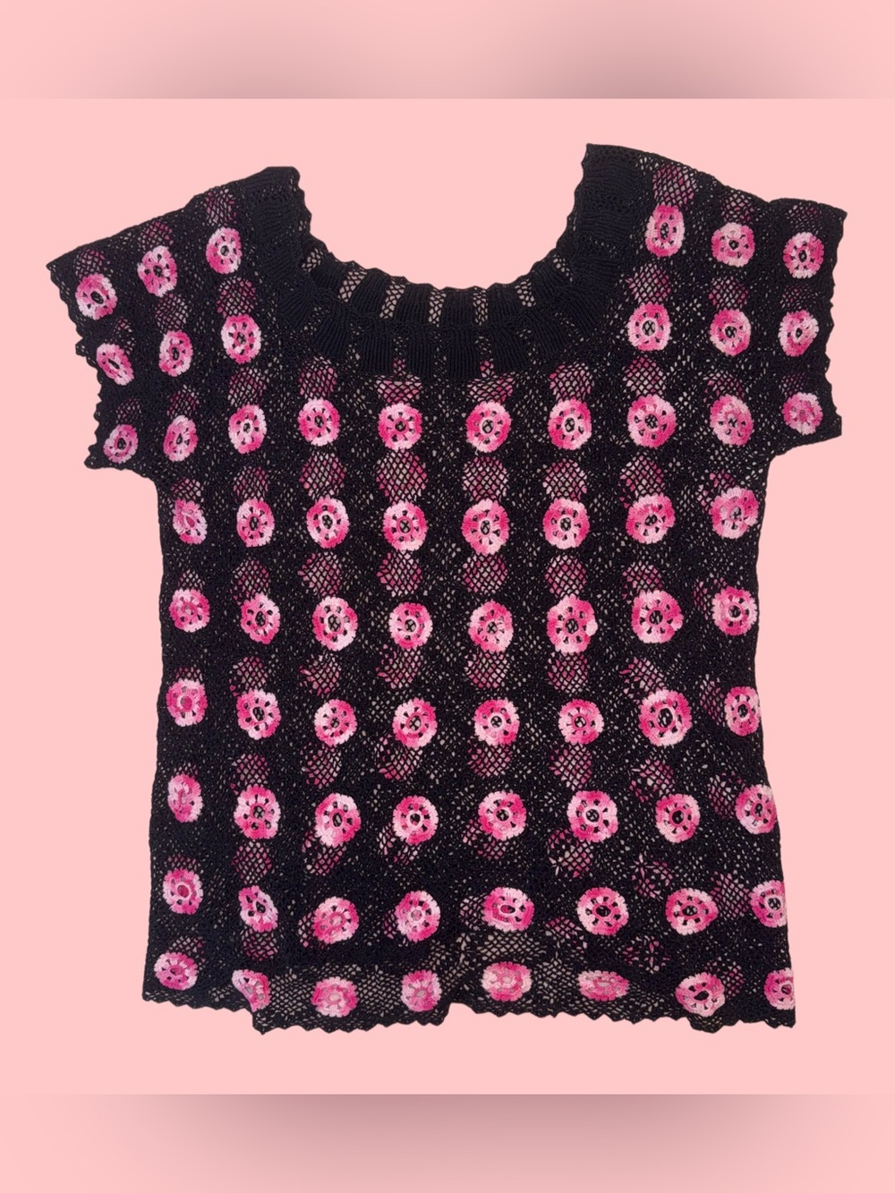Y2K Black Crochet Top with Pink Floral Motif